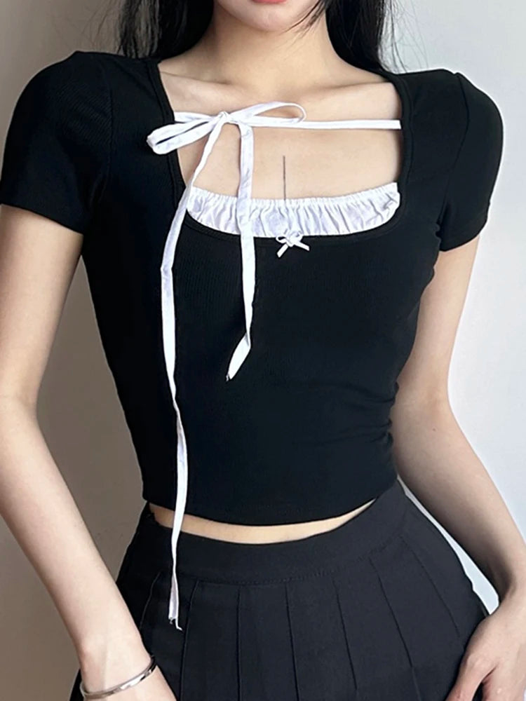 Voguable Contrast Stitching T-Shirt for Women Sweet Casual Short-Sleeved Square Collar Slim Shirts Korean Sexy Coquette Crop Top voguable