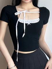 Voguable Contrast Stitching T-Shirt for Women Sweet Casual Short-Sleeved Square Collar Slim Shirts Korean Sexy Coquette Crop Top voguable