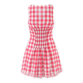 European And American Retro Sexy V Neck Red Plaid Dress Women Floral Embroidery Sleeveless A-line Mini Summer Dresses voguable