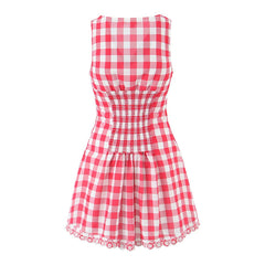European And American Retro Sexy V Neck Red Plaid Dress Women Floral Embroidery Sleeveless A-line Mini Summer Dresses voguable