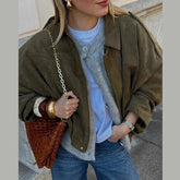 2025 New Fashion Women Green Suede Jacket Spring Lapel Long Sleeve Zipper Oversize Bomber Coat Chic Female High Street Outerwear voguable