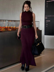 Elegant Knitwear 2 Piece-Set Long Dress Female Ribbed Sweater Pullover And Loose Patchwork Maxi Skirt Sets Ladies Outfits voguable