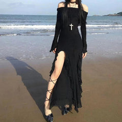 French Elegant Women Off Shoulder Midi Dress Y2K Black Gothic Irregular Split Long Sleeve Dress Ladies Beach Slim Party Vestidos voguable