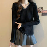 Autumn Winter New Women Sweater Korean Fashion V-Neck Striped Patchwork Loose Long Sleeve Pullovers Bottoming Shirt Knitted Tops voguable
