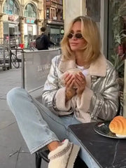 Women Chic Elegant Faux Fur Lace Up Jacket Fashion Lapel Long Sleeved Shearling Leather  Winter Female Silver Crop Outerwear voguable