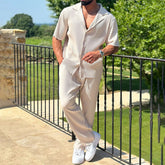 Fashion Mens Loose Two Piece Sets Spring Summer Casual Solid Color Ribbed Shirts And Pants Suits Men Streetwear Vintage Outfits voguable