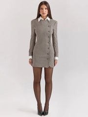Mozision Plaid Long Sleeve Sexy Mini Dress For Women Elegant Single-breasted Shirt Collar High Waist Bodycon Club Dress Vestido voguable