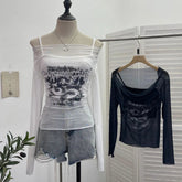 Sexy Slash Neck Mesh Sunscreen T Shirt Y2K Streetwear Print Long Sleeve Patchwork Camis Suit Fashion Folds Slim All Match Tees voguable