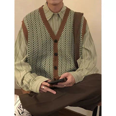 Voguable Men's Loose Korean Style Trendy Versatile Retro Casual Knitted Cardigan Sweater Vest Japanese voguable