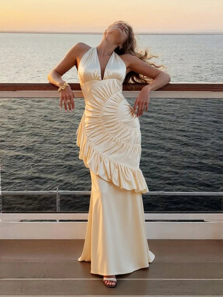 Voguable Elegant Satin Backless Dress Women Classic Halter V-Neck Ruched Sleeveless Trend Fashion Birthday Party Club Vestidos voguable