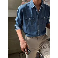 Harajuku Fashion Casual Wash To Do Old Denim Shirt Men Spring Y2k Korean Version Loose High-Grade Long-Sleeved Cargo Shirt Trend voguable