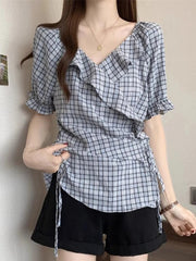 Ruffles Vintage Plaid Blouse Women Causal Sweet Slim Short Sleeve Shirt Korean Retro Female Lace Up Elegant Design Tops New voguable