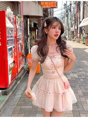 Voguable Sweet Square Neck 2 Piece Dress Set Women Summer Short Sleeve Y2k Crop Tops + Casual Mini Skirt Korean Fashion Female Suit voguable