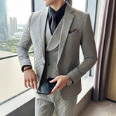Voguable (Jacket+Vest+Pants)Classic Plaid Korean Slim-fit Men's High-end Banquet Dress Suit Fashion Men Formal Business Social Host Suit voguable