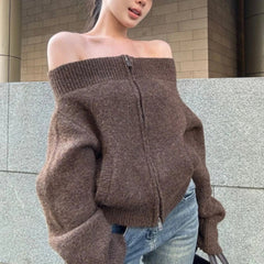 Women's Off-the-Shoulder Sweater Cardigan Zip Up Knitted Off Shoulder Sweater Jacket Teen-girl Fall Winter Y2K Outfit voguable