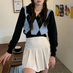 Autumn Winter Women Sweater Korean Fashion Lazy Wind Polo Collar Lingge Contrast Color Loose Long Sleeve Pullovers Knitted Tops voguable