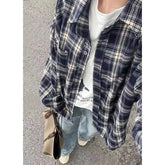 Vintage Plaid Shirt Women Loose Casual Medium Length Preppy Style Shirts Fashion Single Breasted Lapel Pocket Oversize Shirts voguable