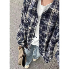 Vintage Plaid Shirt Women Loose Casual Medium Length Preppy Style Shirts Fashion Single Breasted Lapel Pocket Oversize Shirts voguable