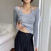 Voguable V-neck Halter Neck Sweater Women Slim Long Sleeve Autumn Design Korean Fashion Casual Top voguable