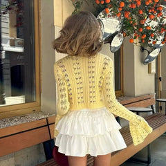 2025 New Knit Flare Sleeve V-neck Hollow Out Short Coat Fashion Casual Button Transparent Summer Cardigan Top Cover-up Jacket voguable