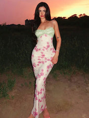 Lace Print Spaghetti Strap Sexy Maxi Dress Women Elegant Off-shoulder Sleeveless Backless High Waist Bodycon Dress voguable