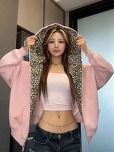 Leopard Vintage Pink Hoodies Women Loose Hip Hop Streetwear Y2K Sweatshirt American Casual Fall Winter Long Sleeve New Tops voguable