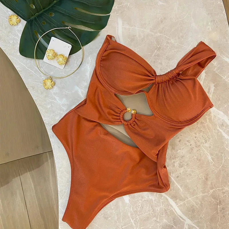 Voguable Triangle Bandeau Bikini Women's Single-strap Design with Underwire Support Tie-back Metal Clasp Closure Solid Color Swimwear voguable