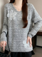 3D Floral Sweet Sweaters Women Loose Fashion V Neck Elegant Knitted Jumper Casual Chic Korean Female Fall Winter Long Sleeve Top voguable