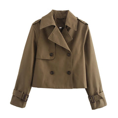 New Autumn Women Solid Cropped Trench Coat Vintage Double Breasted Long Sleeve Short Jacket Lapel Collar Windbreaker
