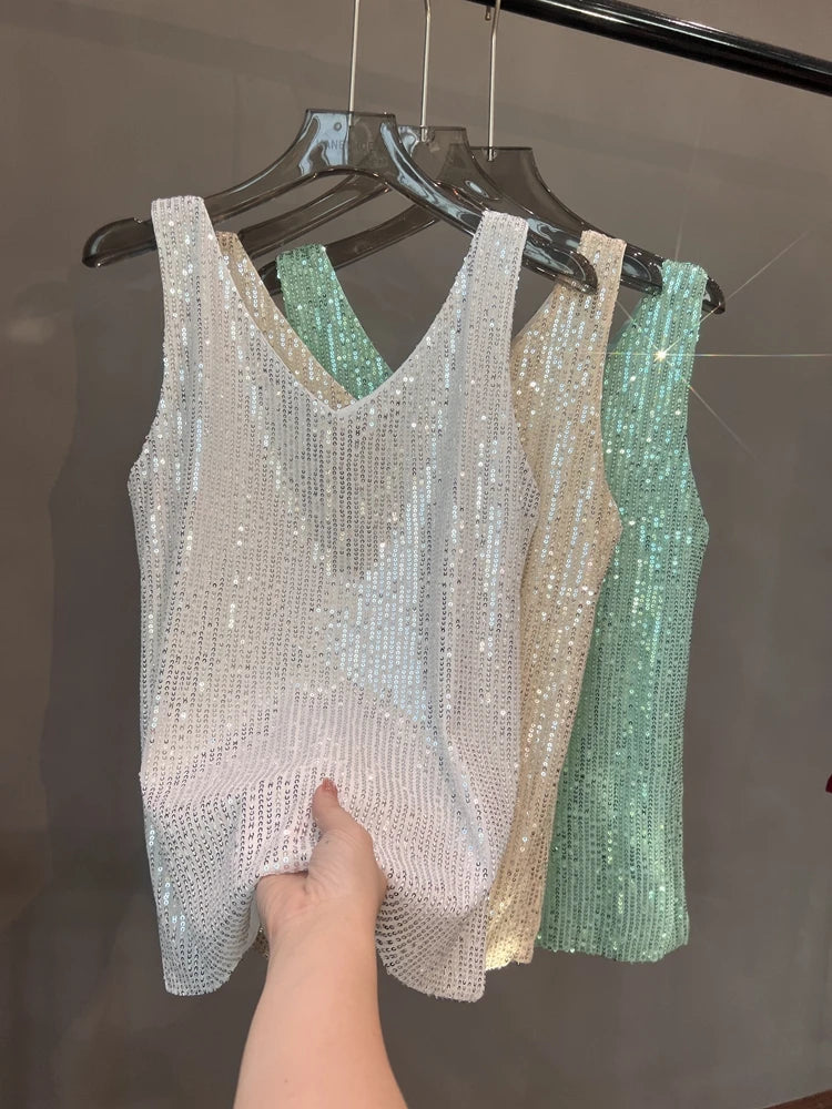 Voguable New European and American Sequined V-neck Vest Worn Inside A Suit Bottoming Shirt and Worn Outside A Sparkling Top voguable