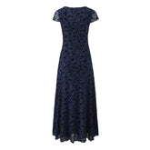 New Women Navy Blue Floral Print Mesh A-line Midi Dress High Waist V Neck Short Sleeve Summer Dresses Vintage Robe voguable