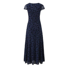New Women Navy Blue Floral Print Mesh A-line Midi Dress High Waist V Neck Short Sleeve Summer Dresses Vintage Robe voguable