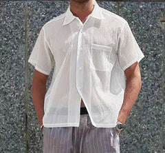 Men Shirt Solid Color Lapel Short Sleeve Summer Pleated Men Clothing Streetwear 2025 Pockets Fashion Male Shirts Tops voguable