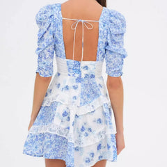 Lace Spliced Blue Floral Print Summer Dress Women Sexy Backless V Neck A-line Mini Dresses Holiday Vestido Boho Robe voguable