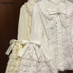 Victorian Vintage Lolita Style Shirts Women Gothic Y2k Bow Lace Ruffle Flare Long Sleeve Blouse Japanese Sweet Elegant Cute Tops voguable