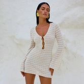 Sexy Knitted Beach Dress For Woman White Hollow Out Deep V Neck Long Sleeve High Waist A-line Knit Dress Knitwear voguable