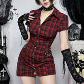 Voguable Gothic Slim Plaid Turn Down Collar Short Sleeve Single Breasted Shirtwaist Dress voguable