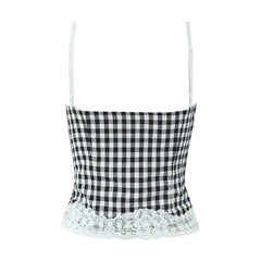 High Street Women Lace Patchwork Plaid Camis Sexy Sleeveless Slim Fit Crop Top Summer Chic Lady Party Tops voguable