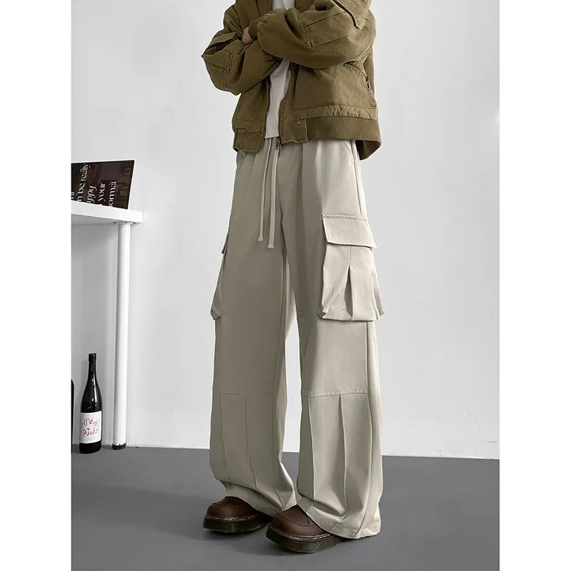 Spring Unisex Loose Wide Leg Cargo Pants Elastic Waist Side Pocket Workwear Casual Wear Trendy Men Women Outdoor Comfort Pleats voguable