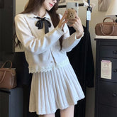 Voguable Sweet Knit Two Piece Sets Women Bow Lace Patchwork Peter Pan Collar Long Sleeve Cardigan High Waist Pleated A Line Mini Skirt voguable