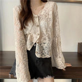 MEXZT Vintage Lace Blouse Women Sheer Long Sleeve Sunscreen Shirt Cardigan Vacation Korean Elegant Casual Sun Protection Top voguable