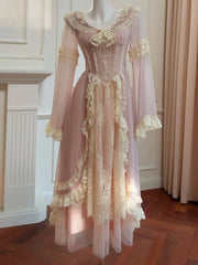 New Peter Pan Collar Women Butterfly Sleeve Dresses 2025 Spring Fashion Lace Patchwork Bow Embroidery Dress Female voguable