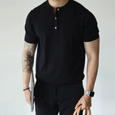 New Fashion American Style Men T-shirt Light Luxury Knitted Henry Collar Tees Casual Solid Color Short Sleeve Breathable Tops voguable