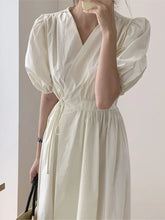 Voguable Summer V-Neck Dress Women Puff Short Sleeve Modis Elegant Ladies Dresses Slim High Waist Korean Ruffle Loose Pleated Woman Dress voguable