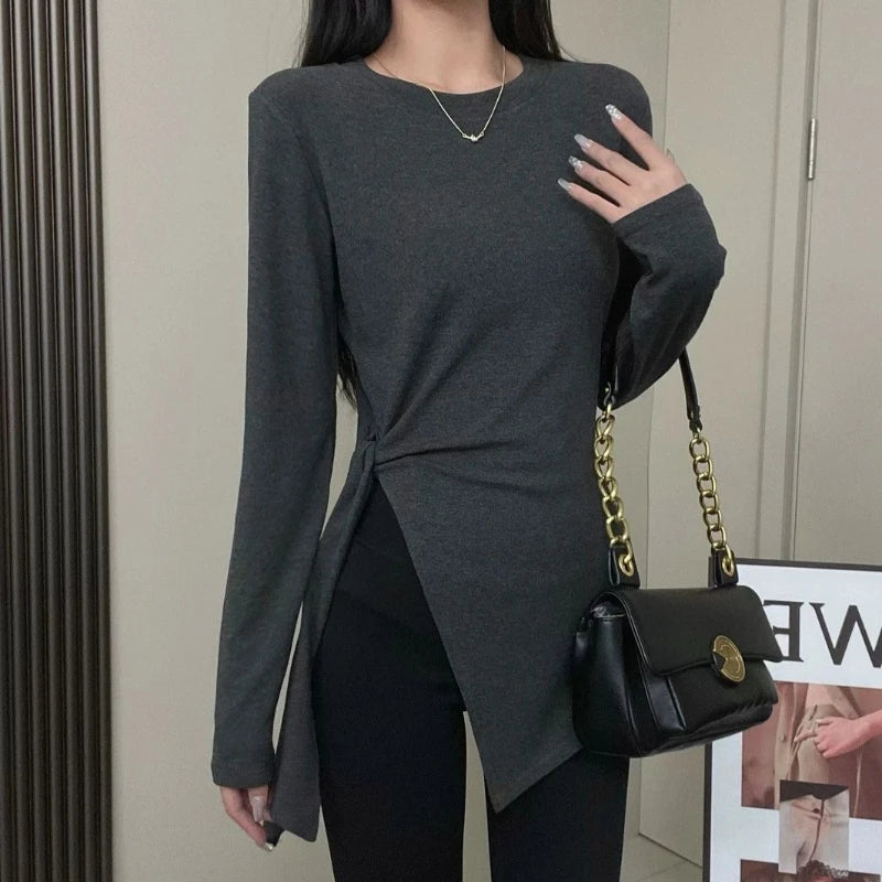 Bandage Slit Long Sleeve T-shirt Women Autumn Now Slim Fashion Round Neck Asymmetrical Solid Color Elastic Comfortable Tops voguable