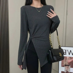 Bandage Slit Long Sleeve T-shirt Women Autumn Now Slim Fashion Round Neck Asymmetrical Solid Color Elastic Comfortable Tops voguable