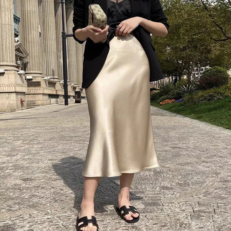 Silk Satin Skirts for Women Korean Style Champagne Office High Waist A- line Skirt Fashion Elegant Solid Long Pencil Skirt 2024 voguable