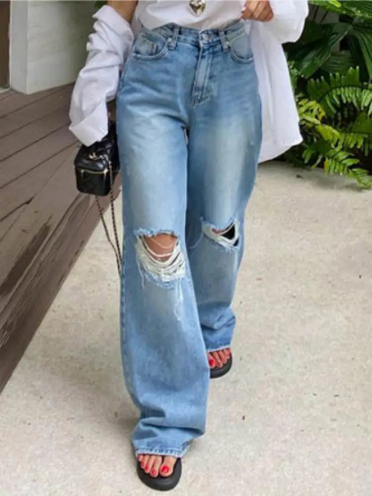 Vintage Streetwear Hole Jeans Women Fashion Loose Wide Leg Pants Summer Casual All Match Female Korean Straight Denim Trousers voguable