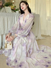 Elegant Print Purple Long Korean Prom Dresses For Women Summer Sea Beach Holiday Slim Waist V-Neck Fashion New Dress Basics voguable
