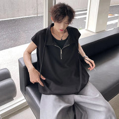 Men Sleeveless T Shirt Half Zip Collar Solid Color Streetwear Fashion Top Unique Design Trendy Summer Casual Wear New Arrival voguable